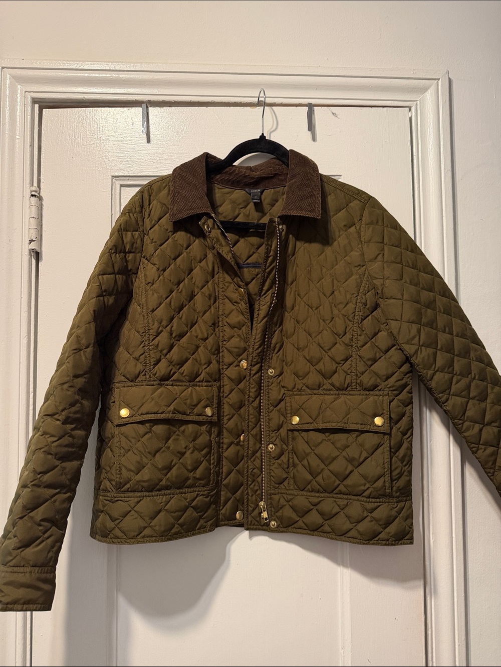 J.Crew Olive Quilted Jacket with Brown Corduroy Collar